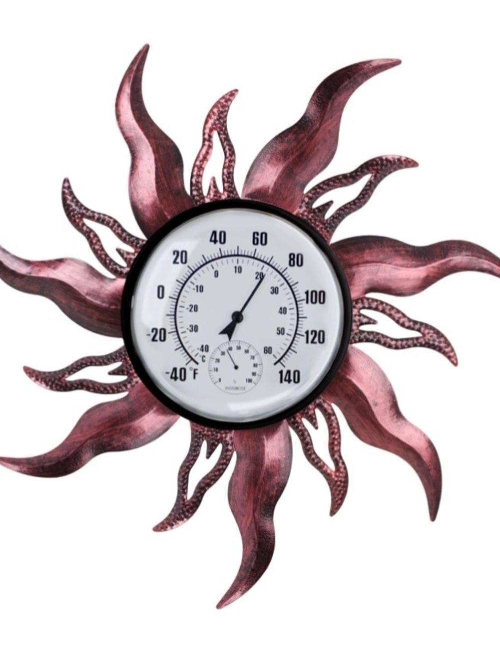 Sun Shaped Outdoor Thermometer Metal Wall Decor 27.4” Burgundy Indoor Outdoor